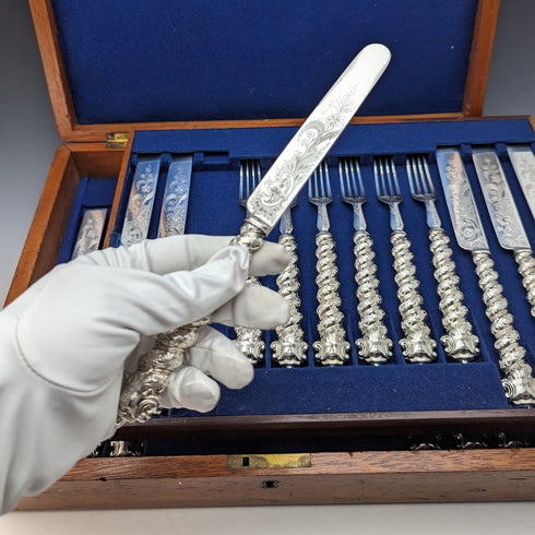 約 1850 年英國古董實心銀柄餐具 12 對套裝木盒 Martin Hall